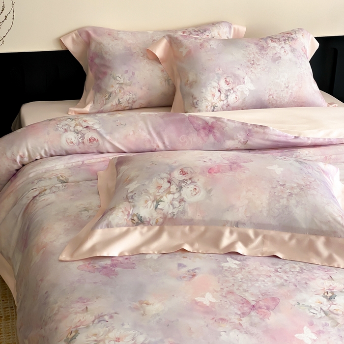 91家纺网 家纺一手货源 找家纺 云栖家居 2025天丝棉数码印花四件套 春山花漫-粉