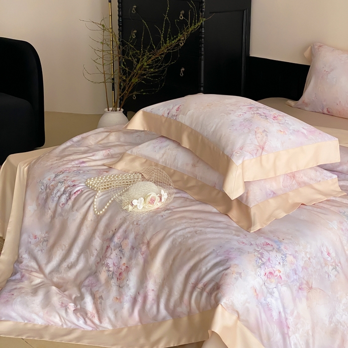 91家纺网 家纺一手货源 找家纺 云栖家居 2025天丝棉数码印花四件套 春山花漫-香槟