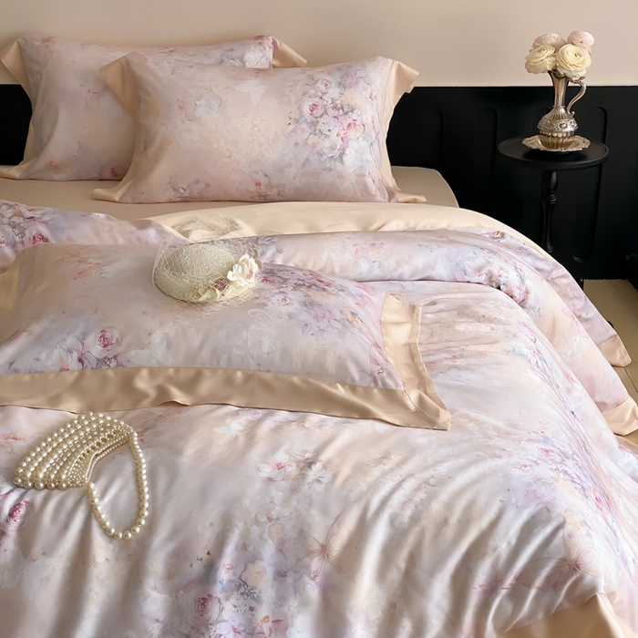 91家纺网 家纺一手货源 找家纺 云栖家居 2025天丝棉数码印花四件套 春山花漫-香槟