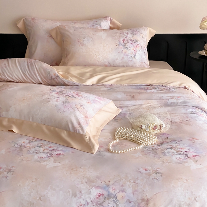 91家纺网 家纺一手货源 找家纺 云栖家居 2025天丝棉数码印花四件套 春山花漫-香槟