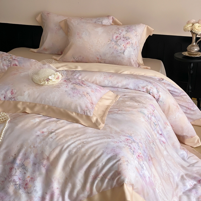 91家纺网 家纺一手货源 找家纺 云栖家居 2025天丝棉数码印花四件套 春山花漫-香槟