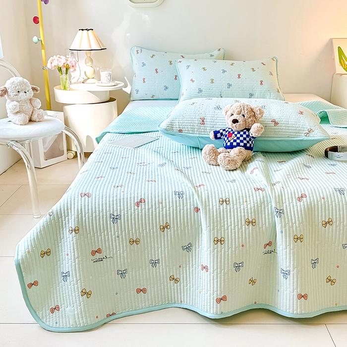 91家纺网 家纺一手货源 找家纺 橘夏家纺 2025新款双层纱小云棉床盖单床盖床盖单件 蝴蝶结--浅绿梦境