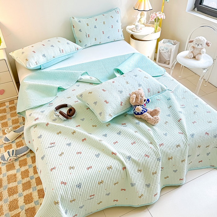 91家纺网 家纺一手货源 找家纺 橘夏家纺 2025新款双层纱小云棉床盖单床盖床盖单件 蝴蝶结--浅绿梦境