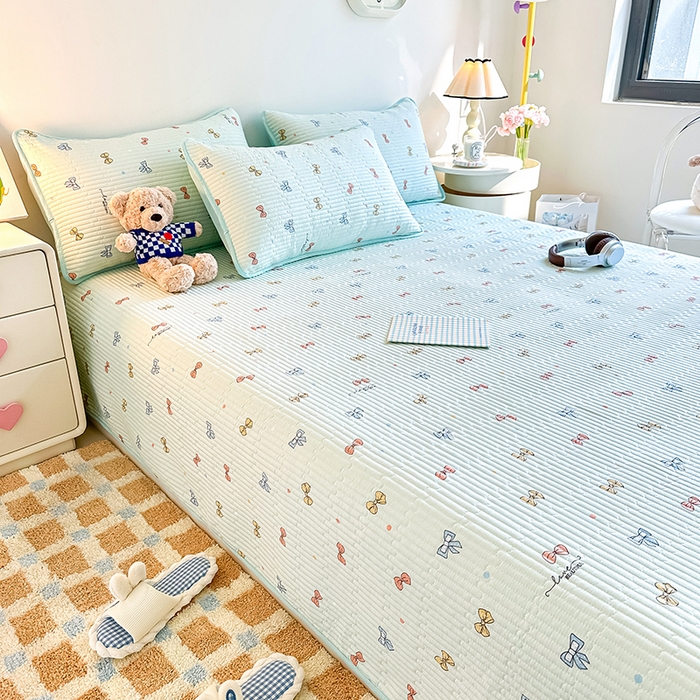 91家纺网 家纺一手货源 找家纺 橘夏家纺 2025新款双层纱小云棉床盖单床盖床盖单件 蝴蝶结--浅绿梦境