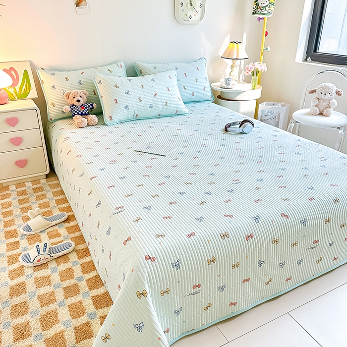 91家纺网 家纺一手货源 找家纺 橘夏家纺 2025新款双层纱小云棉床盖单床盖床盖单件 蝴蝶结--浅绿梦境