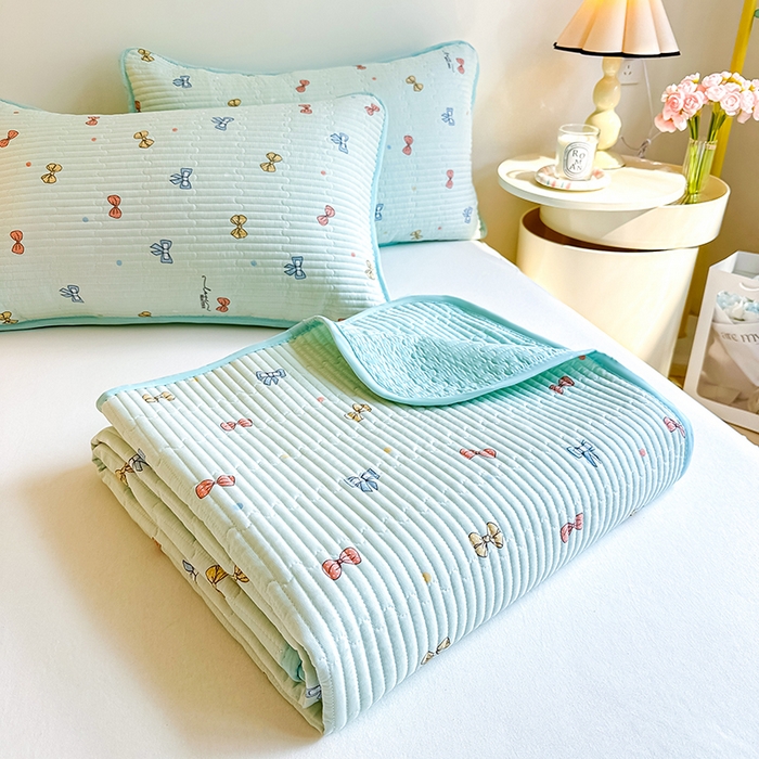 91家纺网 家纺一手货源 找家纺 橘夏家纺 2025新款双层纱小云棉床盖单床盖床盖单件 蝴蝶结--浅绿梦境