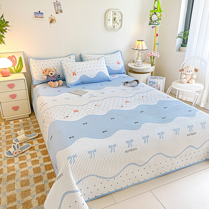 91家纺网 家纺一手货源 找家纺 橘夏家纺 2025新款双层纱小云棉床盖单床盖床盖单件 莓蝶之恋--蓝蝶引力