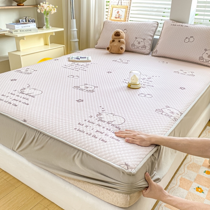 91家纺网 家纺一手货源 找家纺 （总）慕梵家居 2025新款冰豆豆数码印花圆网床笠款凉席席子三件套-床笠款