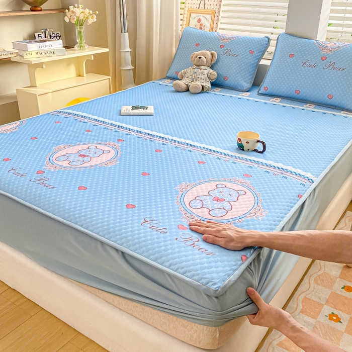 91家纺网 家纺一手货源 找家纺 （总）慕梵家居 2025新款冰豆豆数码印花圆网床笠款凉席席子三件套-床笠款