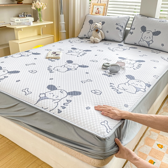 91家纺网 家纺一手货源 找家纺 （总）慕梵家居 2025新款冰豆豆数码印花圆网床笠款凉席席子三件套-床笠款