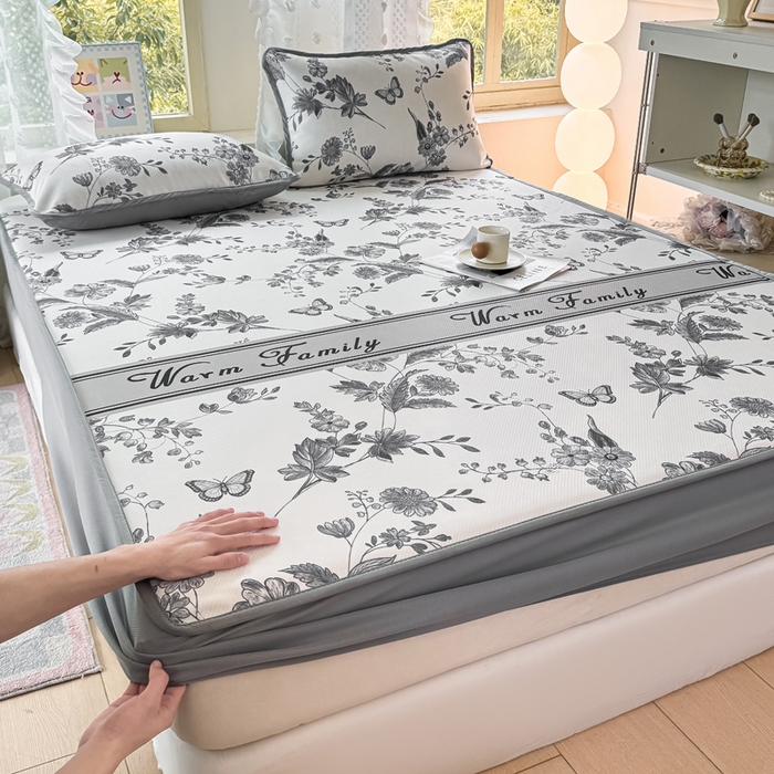 91家纺网 家纺一手货源 找家纺 （总）慕梵家居 2025新款冰豆豆斜纹数码印花床笠款凉席席子三件套