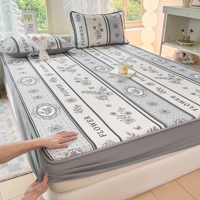 91家纺网 家纺一手货源 找家纺 （总）慕梵家居 2025新款冰豆豆斜纹数码印花床笠款凉席席子三件套