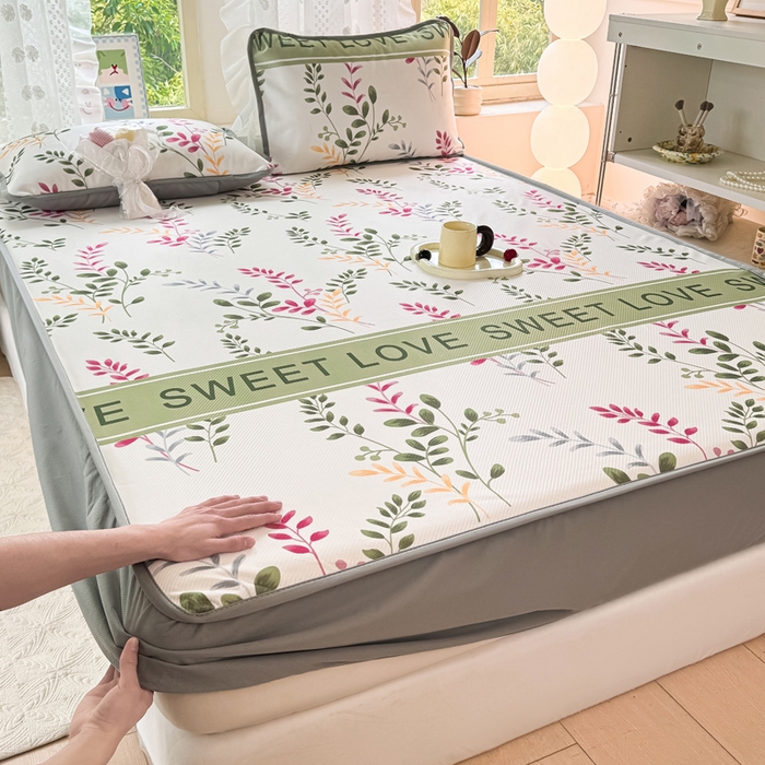 91家纺网 家纺一手货源 找家纺 （总）慕梵家居 2025新款冰豆豆斜纹数码印花床笠款凉席席子三件套