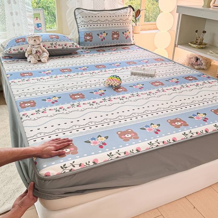 91家纺网 家纺一手货源 找家纺 （总）慕梵家居 2025新款冰豆豆斜纹数码印花床笠款凉席席子三件套