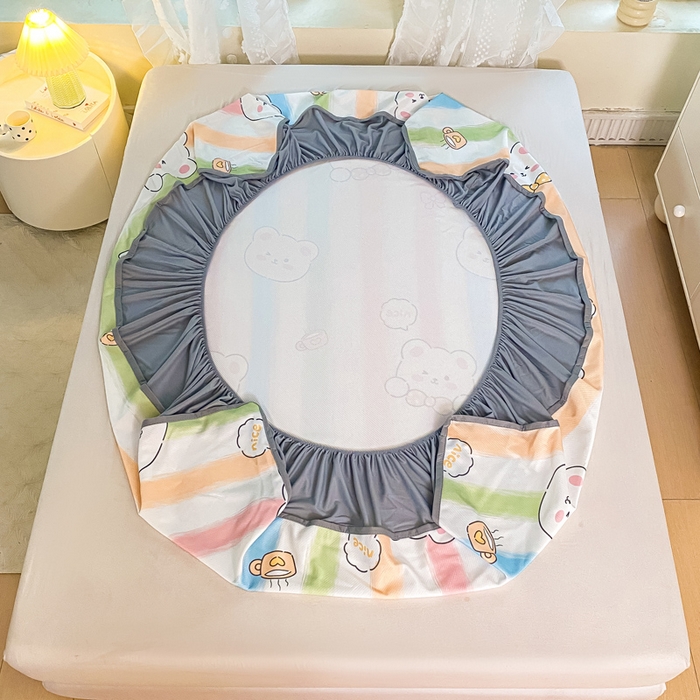 91家纺网 家纺一手货源 找家纺 慕梵家居 2025新款冰豆豆斜纹数码印花床笠款凉席席子三件套 彩虹小熊