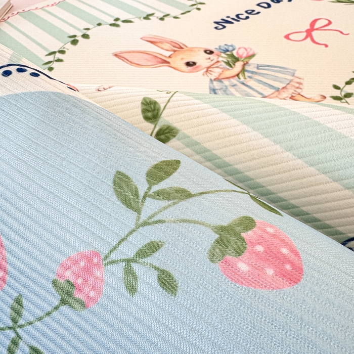 91家纺网 家纺一手货源 找家纺 慕梵家居 2025新款冰豆豆斜纹数码印花床单款凉席席子三件套 可爱萌兔