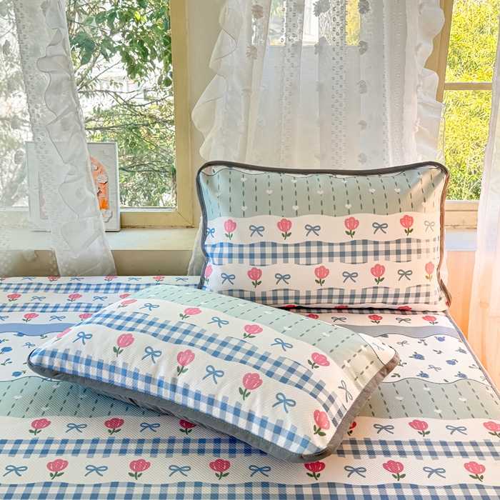 91家纺网 家纺一手货源 找家纺 慕梵家居 2025新款冰豆豆斜纹数码印花床单款凉席席子三件套 玫瑰物语