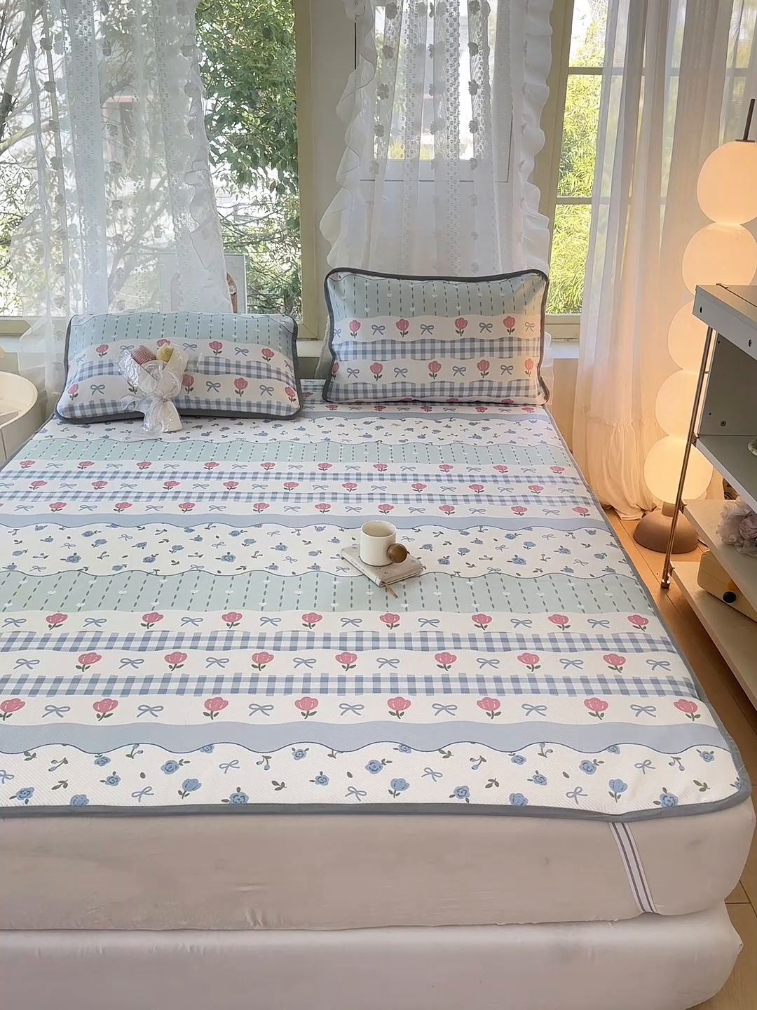 91家纺网 家纺一手货源 找家纺 慕梵家居 2025新款冰豆豆斜纹数码印花床单款凉席席子三件套 玫瑰物语