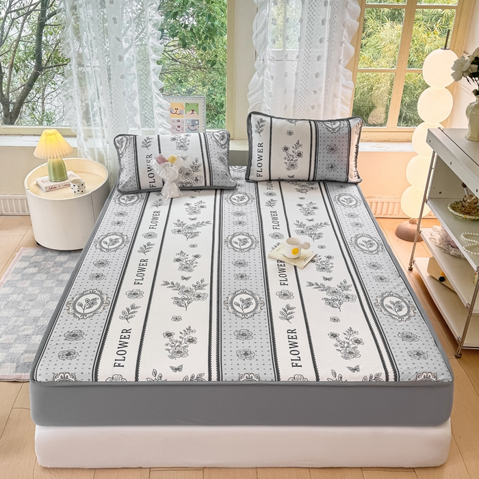 91家纺网 家纺一手货源 找家纺 慕梵家居 2025新款冰豆豆斜纹数码印花床笠款凉席席子三件套 素雅