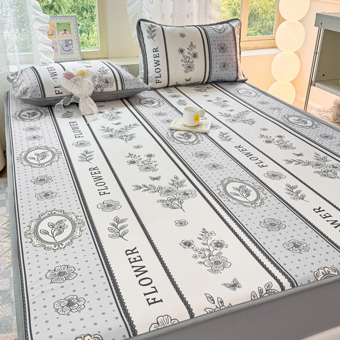 91家纺网 家纺一手货源 找家纺 慕梵家居 2025新款冰豆豆斜纹数码印花床笠款凉席席子三件套 素雅