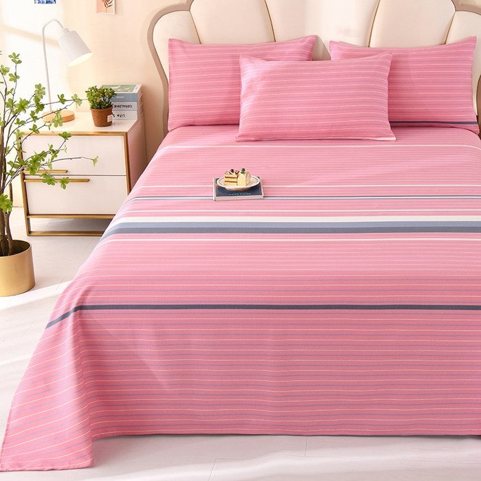 91家纺网 家纺一手货源 找家纺 牵依 2025新款工艺款老粗布床单系列三件套 粉色条纹