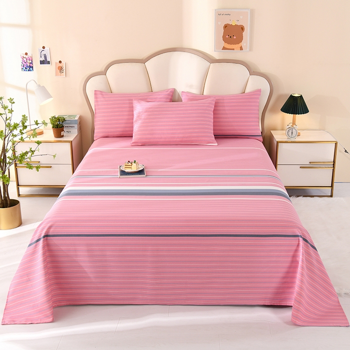 91家纺网 家纺一手货源 找家纺 牵依 2025新款工艺款老粗布床单系列三件套 粉色条纹