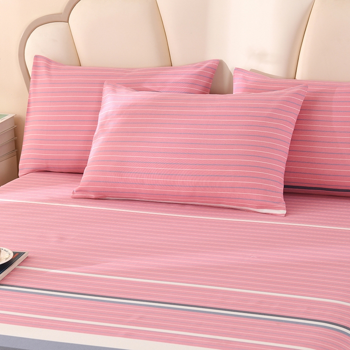 91家纺网 家纺一手货源 找家纺 牵依 2025新款工艺款老粗布床单系列三件套 粉色条纹