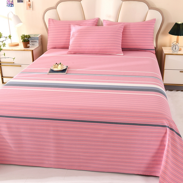 91家纺网 家纺一手货源 找家纺 牵依 2025新款工艺款老粗布床单系列三件套 粉色条纹