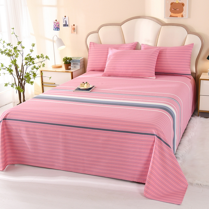 91家纺网 家纺一手货源 找家纺 牵依 2025新款工艺款老粗布床单系列三件套 粉色条纹