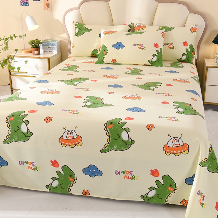 91家纺网 家纺一手货源 找家纺 牵依 2025新款工艺款老粗布床单系列三件套 恐龙乐园