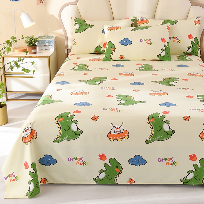 91家纺网 家纺一手货源 找家纺 牵依 2025新款工艺款老粗布床单系列三件套 恐龙乐园