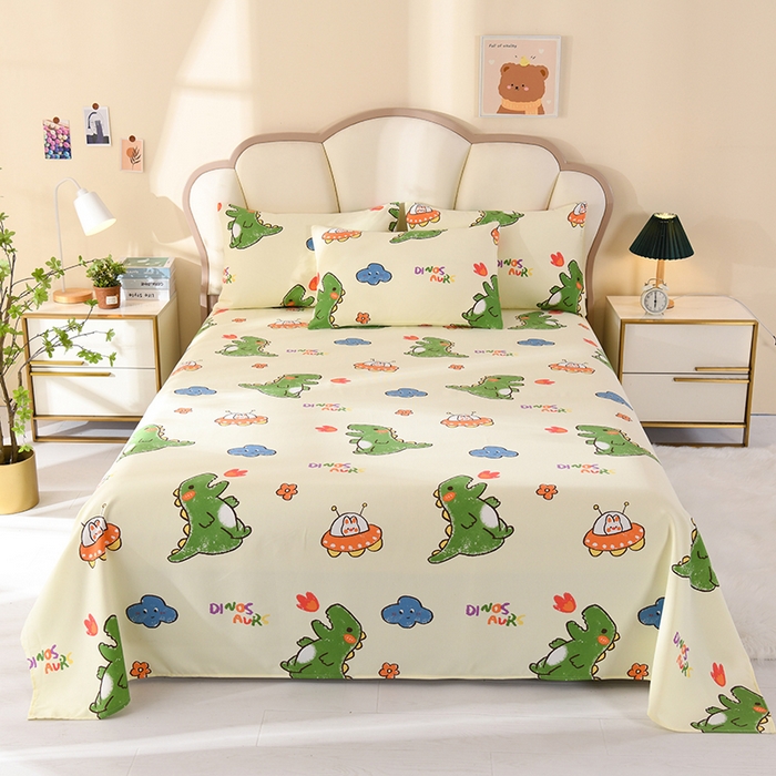 91家纺网 家纺一手货源 找家纺 牵依 2025新款工艺款老粗布床单系列三件套 恐龙乐园