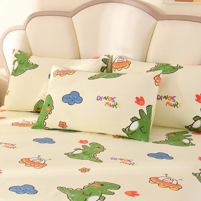 91家纺网 家纺一手货源 找家纺 牵依 2025新款工艺款老粗布床单系列三件套 恐龙乐园