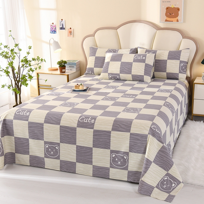 91家纺网 家纺一手货源 找家纺 牵依 2025新款工艺款老粗布床单系列三件套 莫兰迪熊