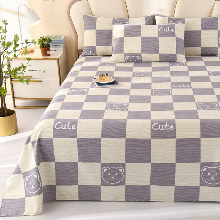 91家纺网 家纺一手货源 找家纺 牵依 2025新款工艺款老粗布床单系列三件套 莫兰迪熊