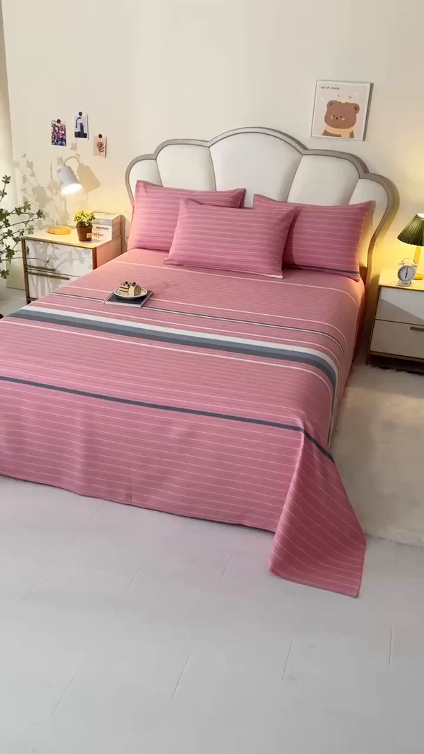 91家纺网 家纺一手货源 找家纺 牵依 2025新款工艺款老粗布床单系列三件套 粉色条纹