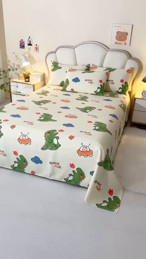 91家纺网 家纺一手货源 找家纺 牵依 2025新款工艺款老粗布床单系列三件套 恐龙乐园