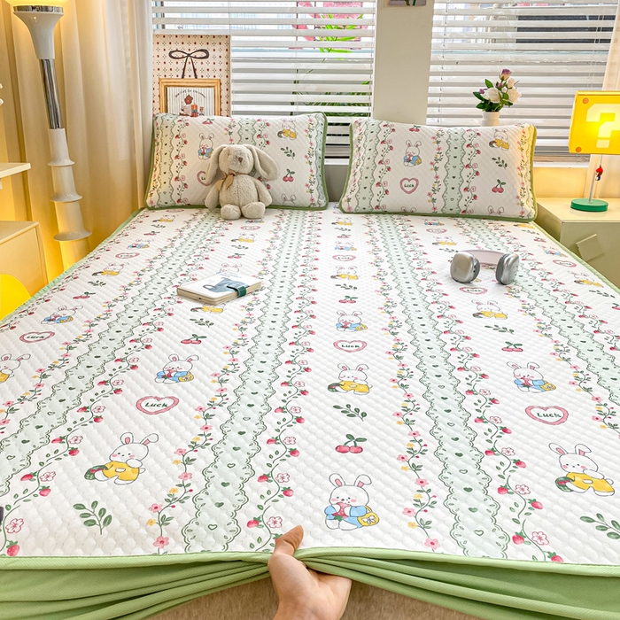 慕梵家居 2025新款冰豆豆数码印花圆网凉席款凉席席子三件套 花园兔