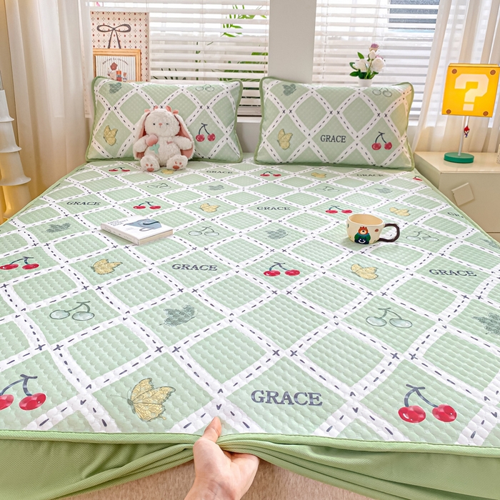 慕梵家居 2025新款冰豆豆数码印花圆网凉席款凉席席子三件套 蝴蝶樱桃