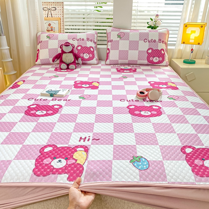 慕梵家居 2025新款冰豆豆数码印花圆网凉席款凉席席子三件套 可爱熊-粉