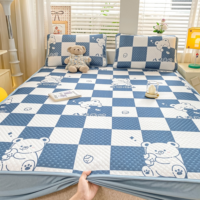 慕梵家居 2025新款冰豆豆数码印花圆网凉席款凉席席子三件套 格子熊