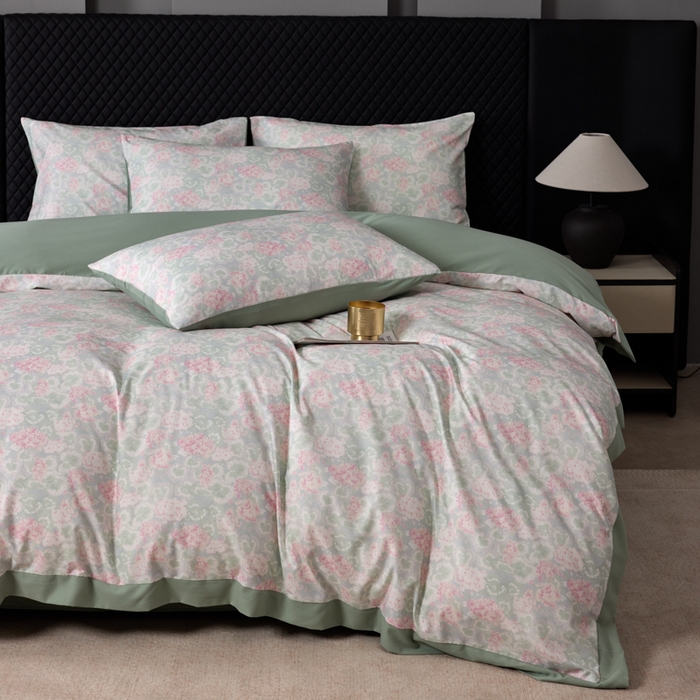 91家纺网 家纺一手货源 找家纺 丽卡家纺 2025新款数码印花有氧双层纱四件套 半岛红茶