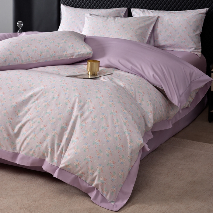 91家纺网 家纺一手货源 找家纺 丽卡家纺 2025新款数码印花有氧双层纱四件套 诺言