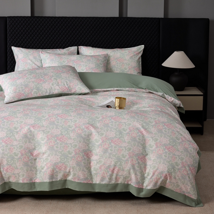 91家纺网 家纺一手货源 找家纺 丽卡家纺 2025新款数码印花有氧双层纱四件套 半岛红茶