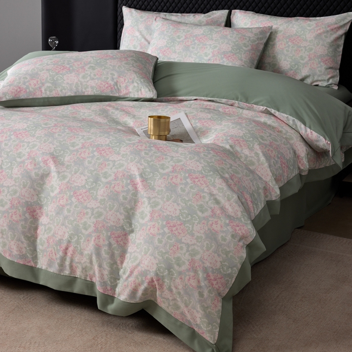 91家纺网 家纺一手货源 找家纺 丽卡家纺 2025新款数码印花有氧双层纱四件套 半岛红茶