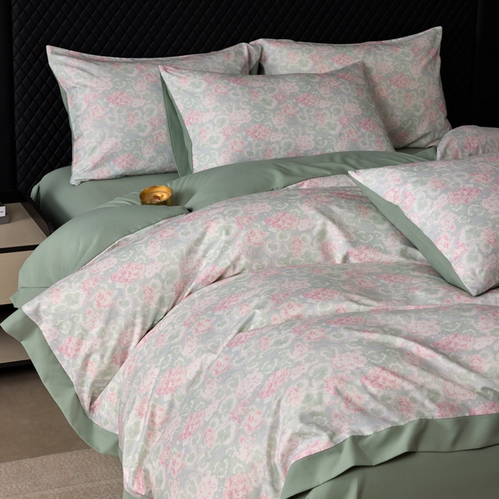 91家纺网 家纺一手货源 找家纺 丽卡家纺 2025新款数码印花有氧双层纱四件套 半岛红茶