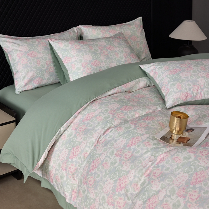 91家纺网 家纺一手货源 找家纺 丽卡家纺 2025新款数码印花有氧双层纱四件套 半岛红茶