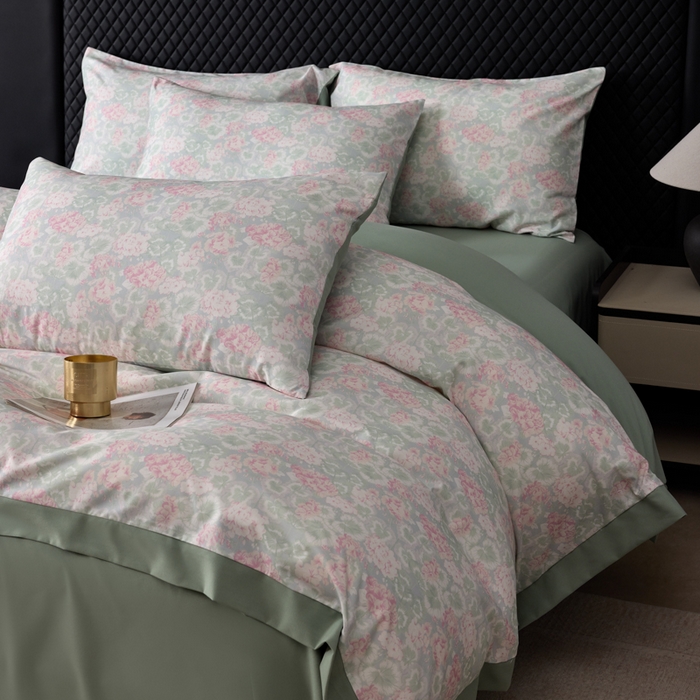 91家纺网 家纺一手货源 找家纺 丽卡家纺 2025新款数码印花有氧双层纱四件套 半岛红茶