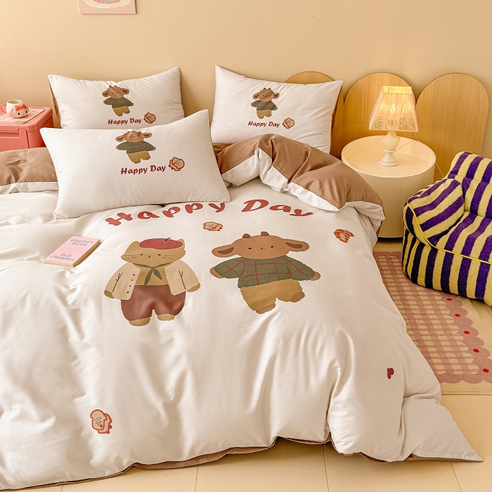 91家纺网 家纺一手货源 找家纺 玉元坊 2025新款全棉纯棉数码印花卡通床单床笠床裙四件套三件套 快乐小熊
