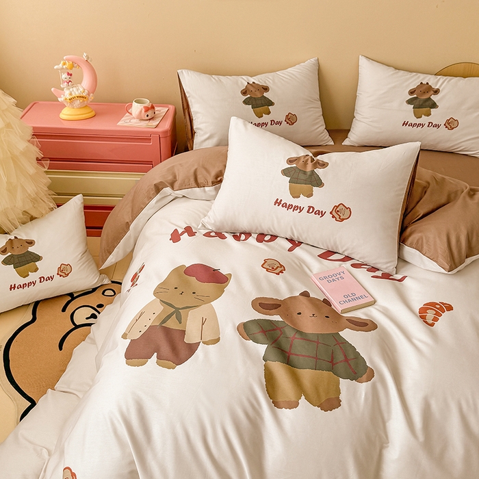 91家纺网 家纺一手货源 找家纺 玉元坊 2025新款全棉纯棉数码印花卡通床单床笠床裙四件套三件套 快乐小熊